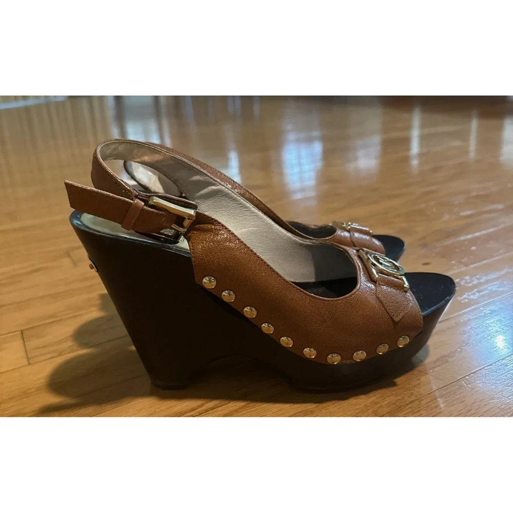 Michael Kors Brown Leather Wedge Slingback Heels Studded Logo Open Toe Sz 8
